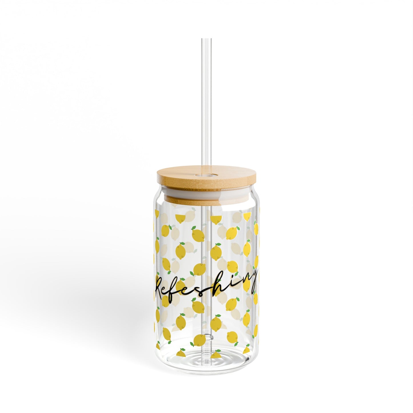Lemons 16oz Glass Cup | Iced Coffee Cup | Bamboo Lid & Straw | Sipper Glass Cup | Libbey Can