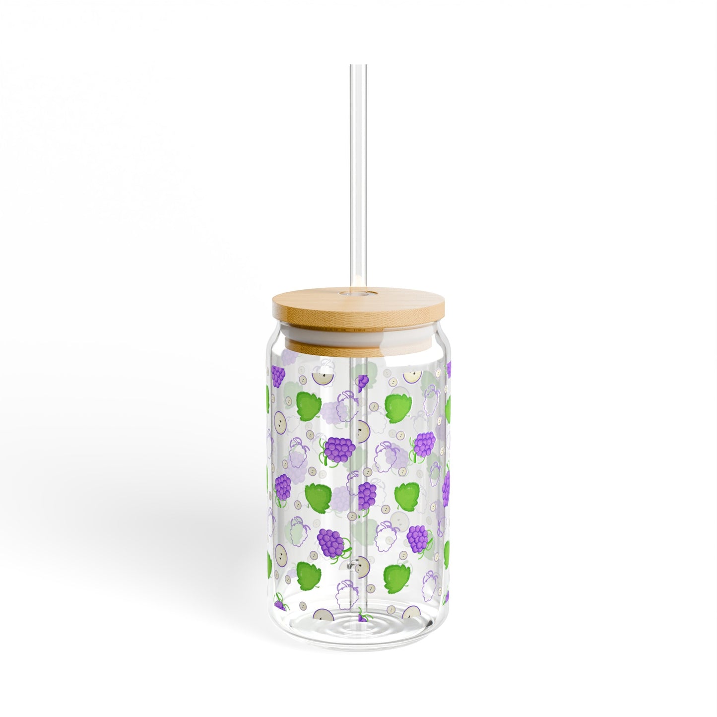 Grapes 16oz Glass Cup | Iced Coffee Cup | Bamboo Lid & Straw | Sipper Glass Cup | Libbey Can