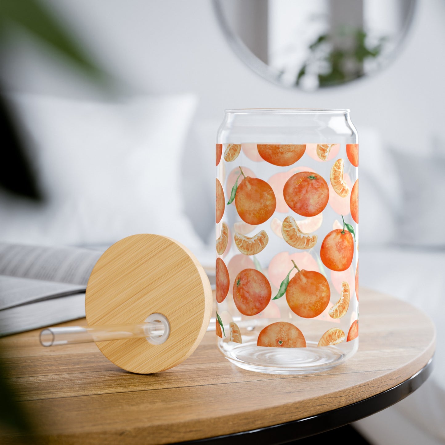 Oranges 16oz Glass Cup | Iced Coffee Cup | Bamboo Lid & Straw | Sipper Glass Cup | Libbey Can